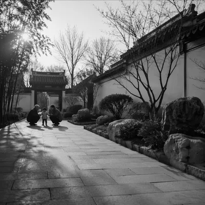 Grandparents and Grandchild in Quiet Courtyard