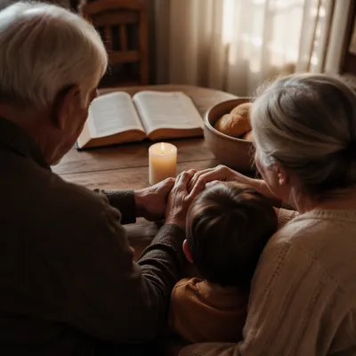 Grandparents and Grandchild Praying Before Meal