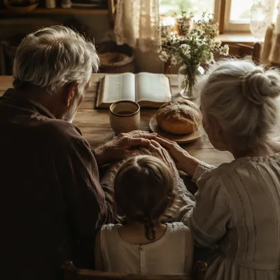 Grandparents and Grandchild Sharing Bread