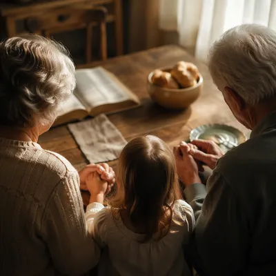 Grandparents and Child Praying at Breakfast