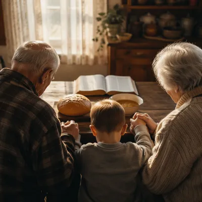 Grandparents and Grandchild Sharing Mealtime Blessing