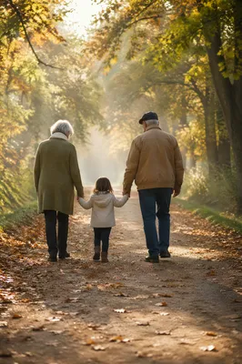Grandparents Walking with Grandchild in Autumn Park