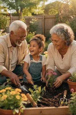Grandparents and Grandchild Planting Flowers Together