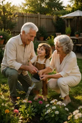 Grandparents and Child Watering Garden Flowers