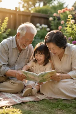 Grandparents and Grandchild Reading in Garden