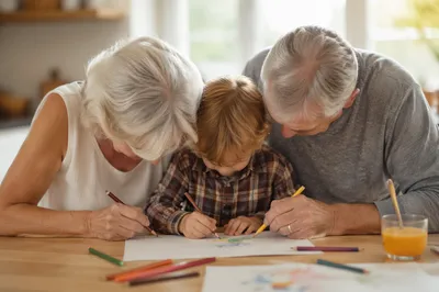 Grandparents Coloring With Grandchild at Kitchen Table