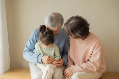 Grandparents and Grandchild in Tender Pastel Portrait