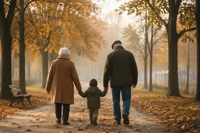 Grandparents and Grandchild Walking in Autumn Park