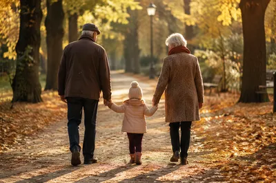 Grandparents and Grandchild Walking in Autumn Park