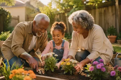 Grandparents and Grandchild Planting Flowers Together