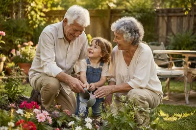 Grandparents and Grandchild Watering Garden Flowers
