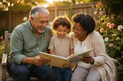 Grandparents and Grandchild Laughing in Garden