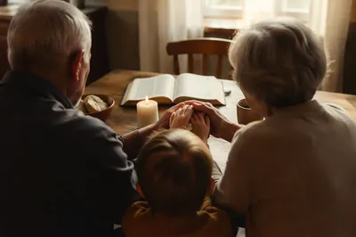 Grandparents and Grandchild Sharing Mealtime Prayer