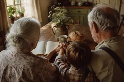 Grandparents and Grandchild Sharing Bread
