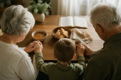Grandparents and Grandchild Praying at Breakfast