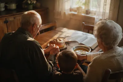 Grandparents and Grandchild Sharing Mealtime Blessing