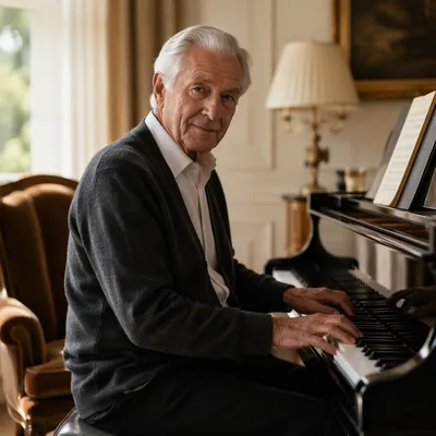 Grandfather Playing Grand Piano in Living Room