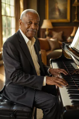Elderly Man Seated at Grand Piano