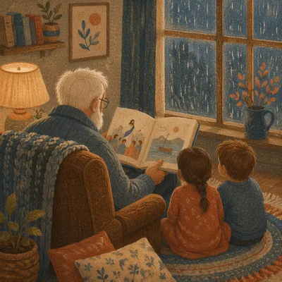 Grandfather Reading Bible Story to Grandchildren