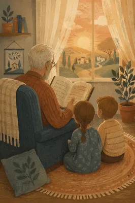 Grandfather Reading Bible Story to Grandchildren