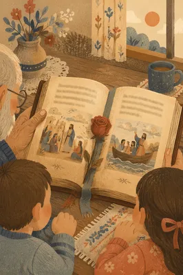 Grandfather Sharing Bible Story with Grandchildren