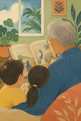 Grandfather Reading Bible Story to Grandchildren