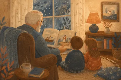 Grandfather Reading Bible Story to Grandchildren