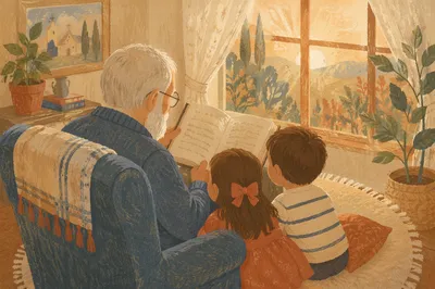 Grandfather Reading Bible Story to Grandchildren