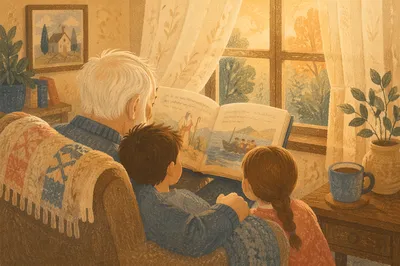 Grandfather Reading Bible Story to Grandchildren