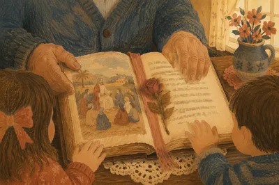 Grandfather Sharing Bible Story with Grandchildren
