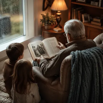 Grandfather Reading Bible Story to Grandchildren