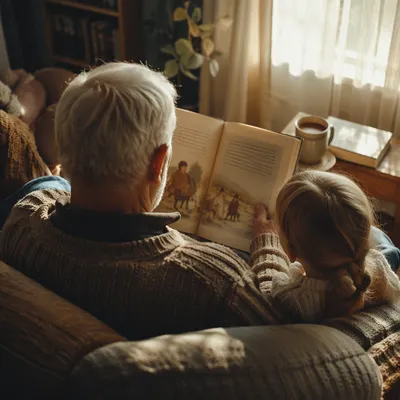Grandfather Reading Bible Story to Grandchildren