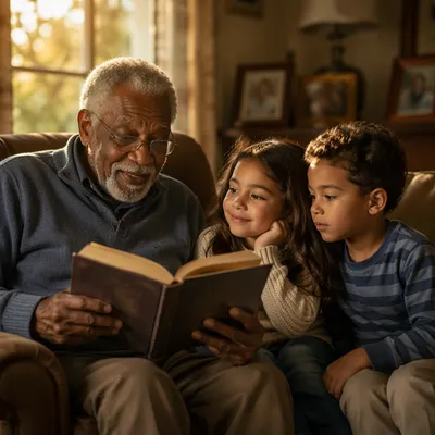 Grandfather Reading Bible Story to Grandchildren
