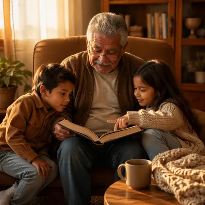 Grandfather Reading Storybook to Grandchildren