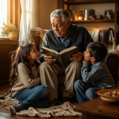 Grandfather Reading to Grandchildren at Golden Hour