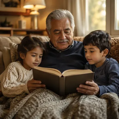 Grandfather Reading to Grandchildren on Sofa