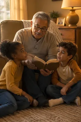 Grandfather Reading Book to Grandchildren