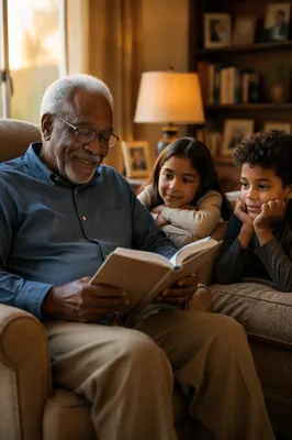 Grandfather Reading to Grandchildren at Sunset