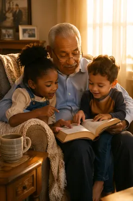 Grandfather Reading Bible Story to Grandchildren