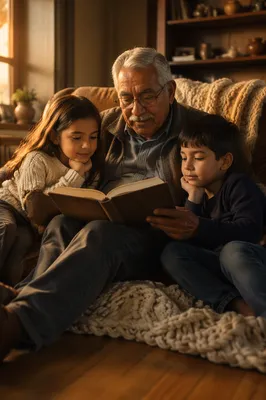 Grandfather Reading to Grandchildren at Golden Hour