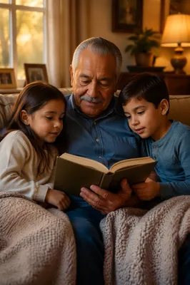 Grandfather Reading Book to Grandchildren