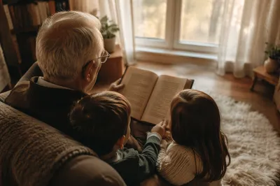 Grandfather Reading Bible Story to Grandchildren
