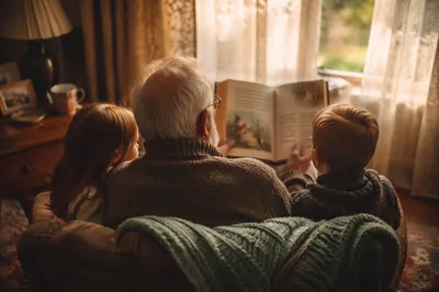 Grandfather Reading Bible Story to Grandchildren