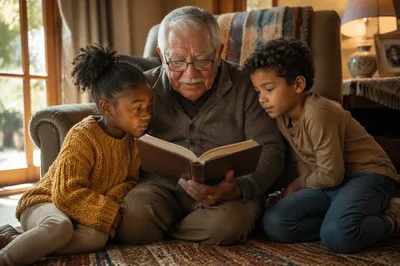 Grandfather Reading Book to Grandchildren