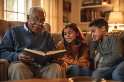 Grandfather Reading to Grandchildren at Sunset