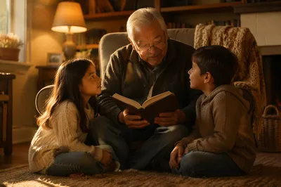 Grandfather Reading to Grandchildren at Sunset