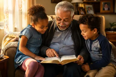 Grandfather Reading Bible Story to Grandchildren