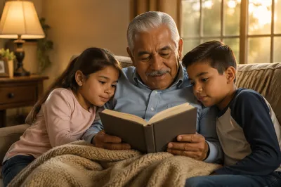 Grandfather Reading to Grandchildren on Sofa