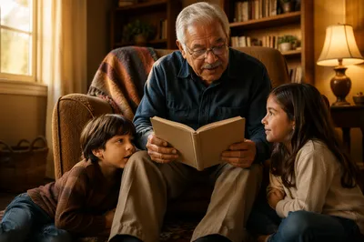 Grandfather Reading to Grandchildren in Living Room