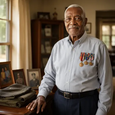 Dignified Elderly Veteran in Sunlit Living Room